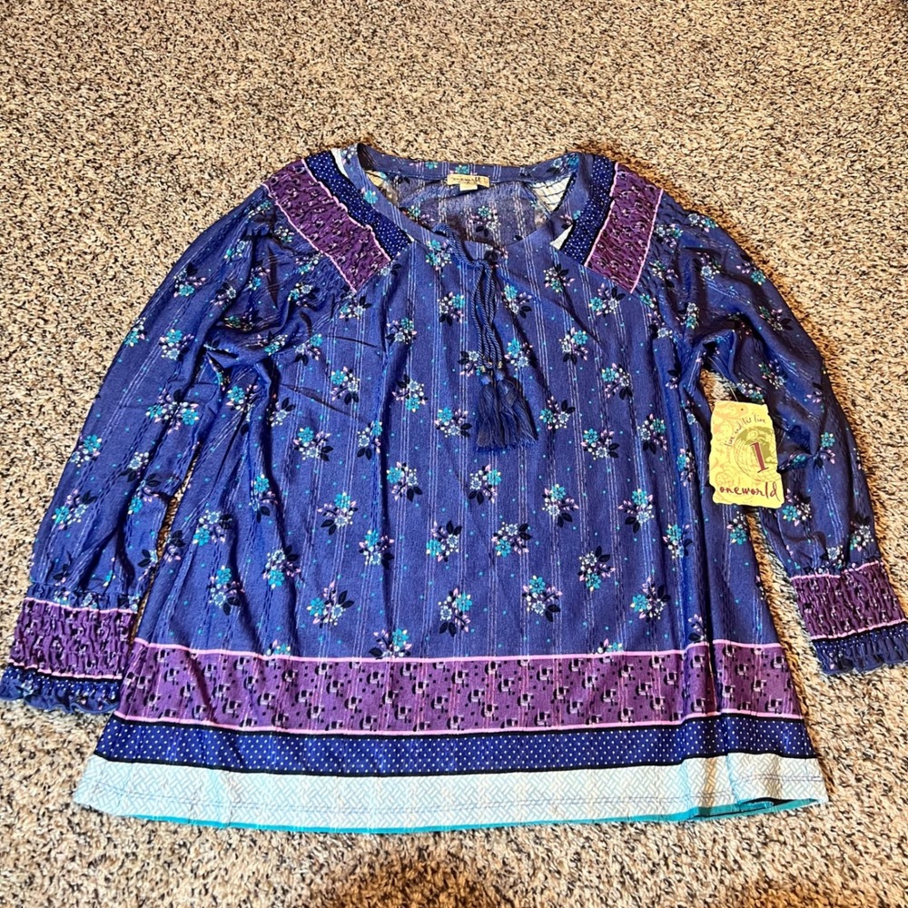 One World Womens‎ Blue Floral Tassel V Neck Long Sleeve Tunic Top L